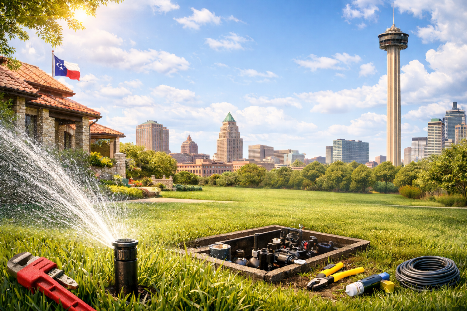 Lawn sprinkler system watering green grass